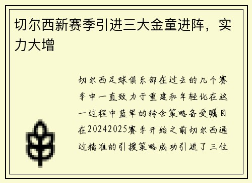 切尔西新赛季引进三大金童进阵，实力大增